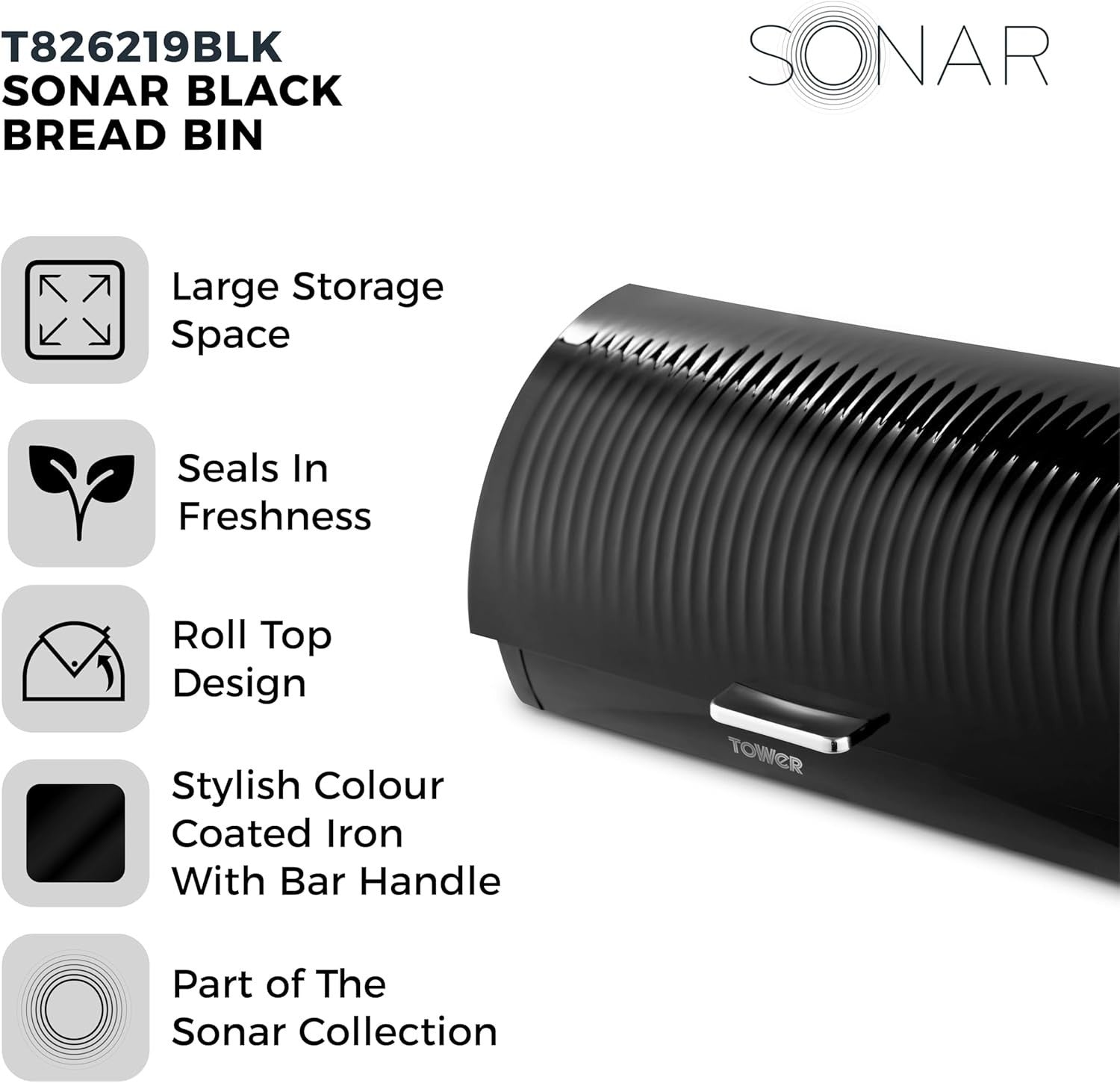 Tower Sonar Black Kitchen Set Kettle Toaster Microwave Bread Bin Canisters Set23
