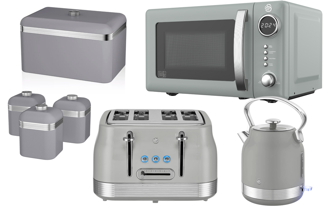 Swan Retro Revive Grey Stovetop Kettle Toaster Microwave Breadbin Canisters Set0