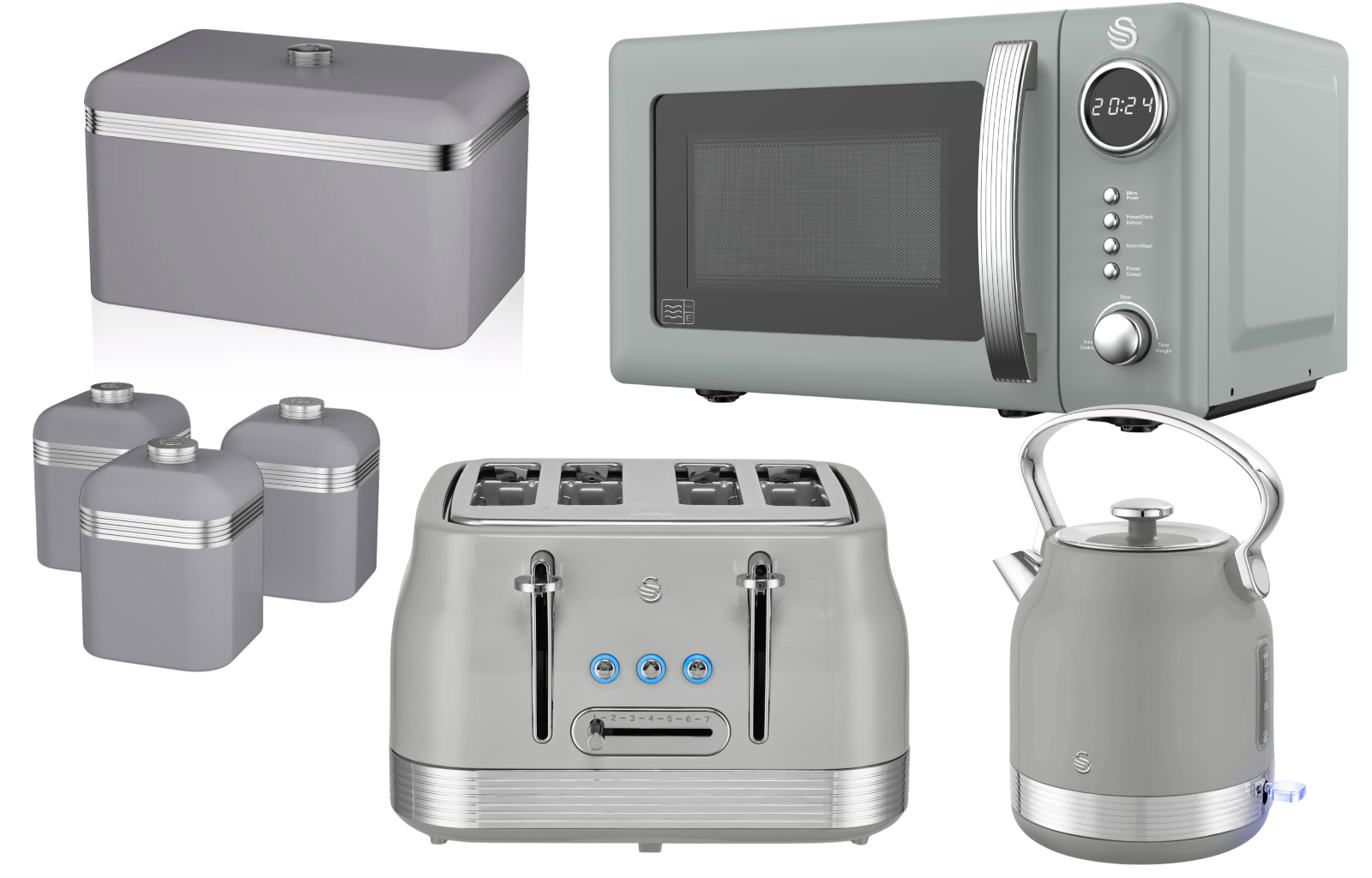 Swan Retro Revive Grey Stovetop Kettle Toaster Microwave Breadbin Canisters Set0