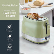 Swan Retro Revive Green Stovetop Design Kettle 2 Slice Toaster & Canisters Set2