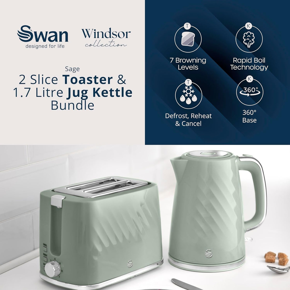 Swan Windsor Kettle and 2 Slice Toaster Breakfast Bundle Set in Sage Green3