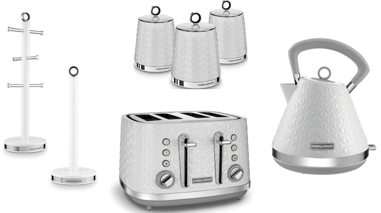 Morphy Richards White 1.5L 3KW Pyramid Kettle, 4 Slice Toaster & Dimensions Canisters, Mug Tree & Towel Pole Matching Set