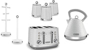 Morphy Richards White 1.5L 3KW Pyramid Kettle, 4 Slice Toaster & Dimensions Canisters, Mug Tree & Towel Pole Matching Set
