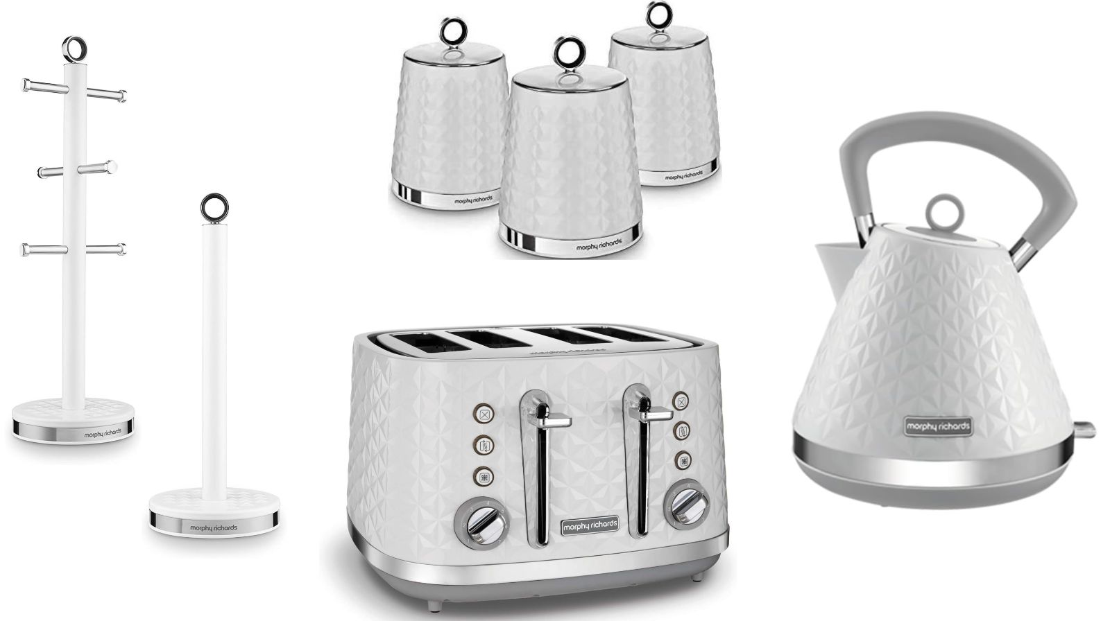 Morphy Richards White 1.5L 3KW Pyramid Kettle, 4 Slice Toaster & Dimensions Canisters, Mug Tree & Towel Pole Matching Set