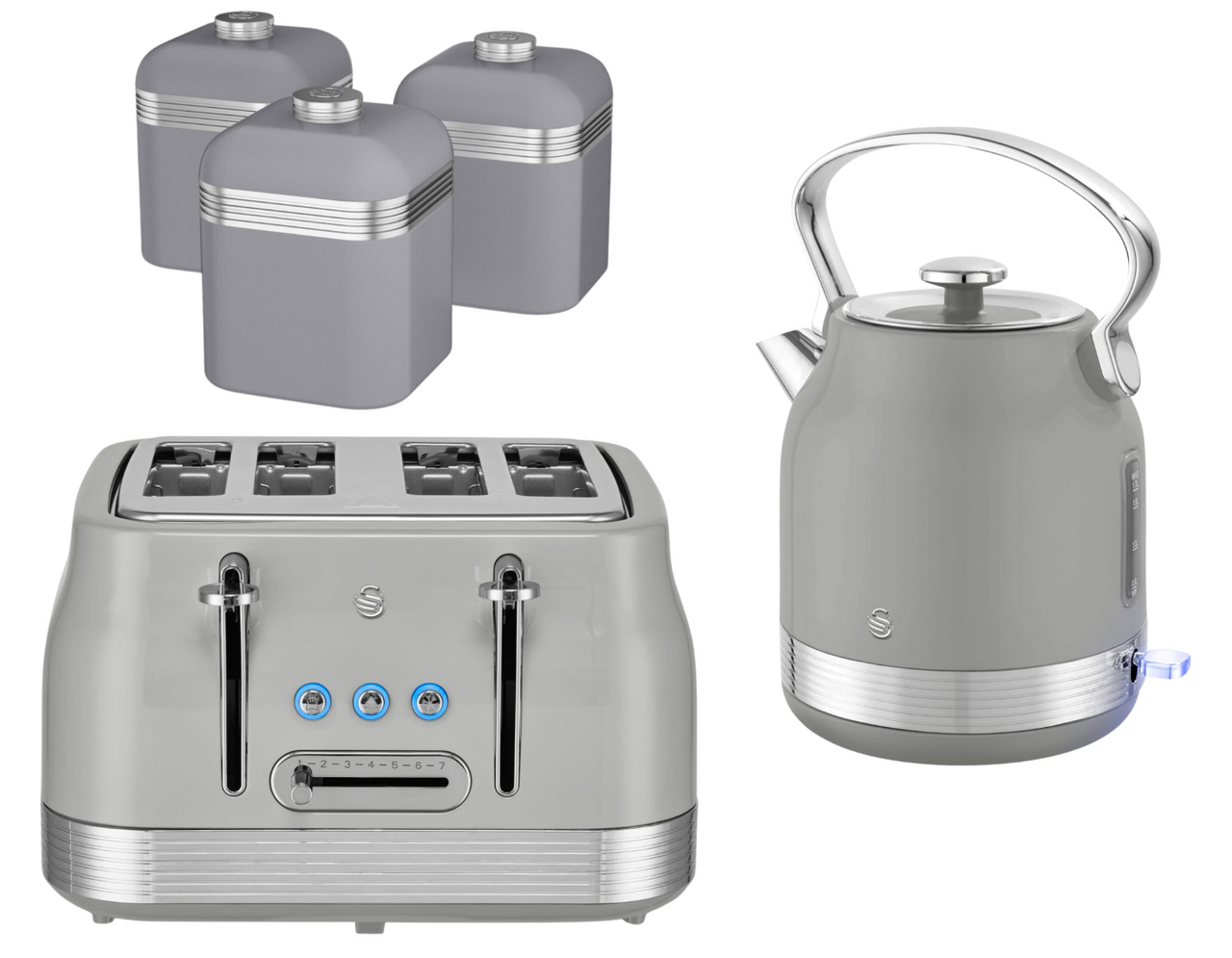 Swan Retro Revive Grey Stovetop Kettle 4 Slice Toaster & Canisters Kitchen Set0