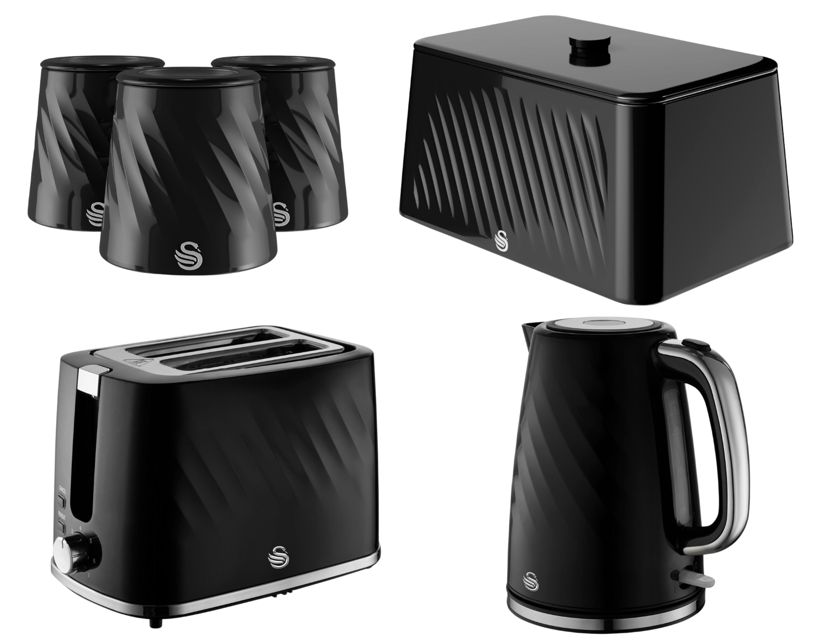 Swan Windsor Black Kettle Toaster Beadbin Canisters Matching Kitchen Bundle Set0