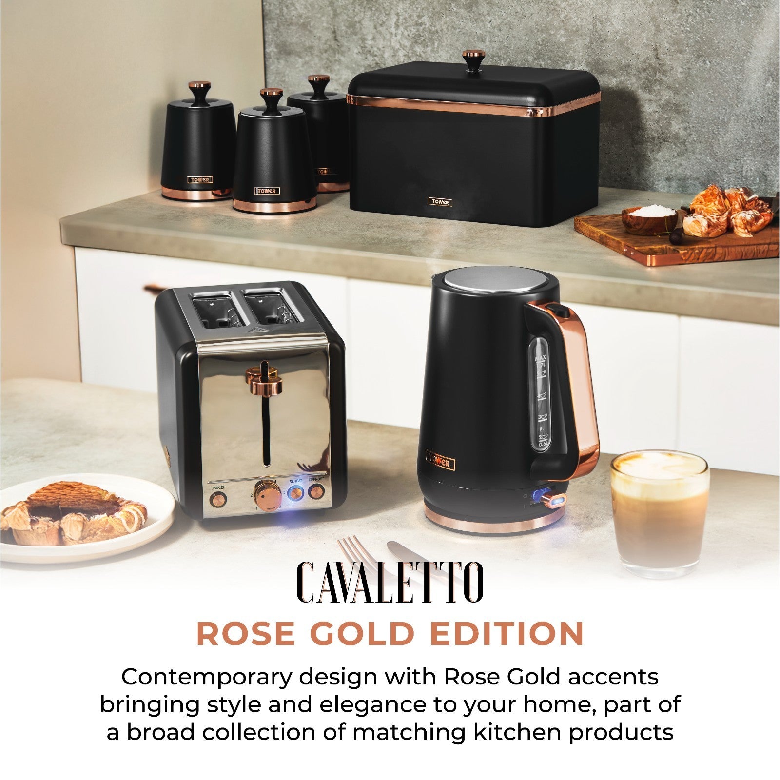 Tower Cavaletto 1.7L Kettle 3KW Rapid Boil | 360° Swivel Base | Black/Rose Gold2