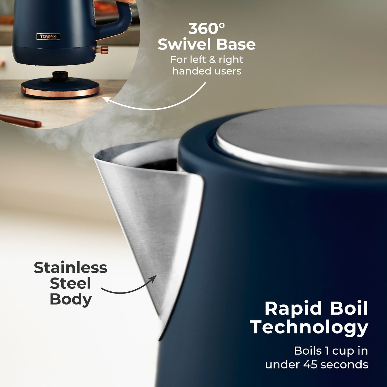 Tower Cavaletto 1.7L Kettle 3KW Rapid Boil | 360° Swivel Base | Blue & Rose Gold1