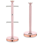 Tower Cavaletto Pink Mug Tree & Kitchen Roll Holder. Matching Kitchen Storage Set in Pink with Rose Gold Accents