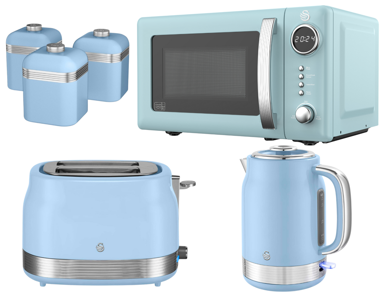 Swan Retro Revive Blue Kettle 2 Slice Toaster Microwave Canisters Bundle Set0