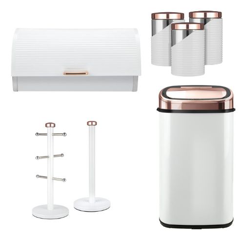 Tower Sensor Bin Breadbin Canisters Mug Tree Towel Pole Set White & Rose Gold