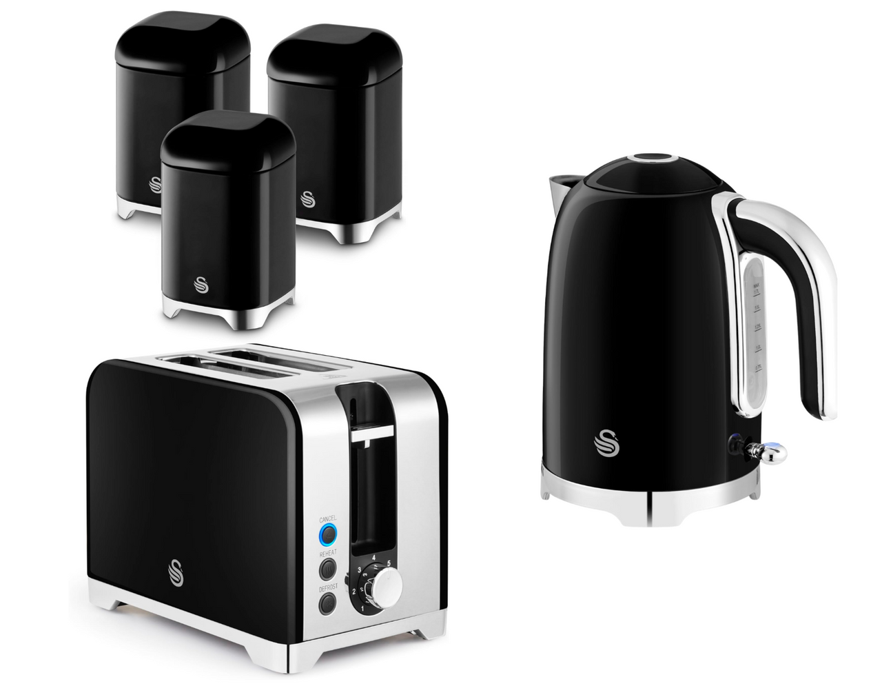 Swan Solace Kettle Toaster Storage Canisters Kitchen Set Black with Chrome Trim0