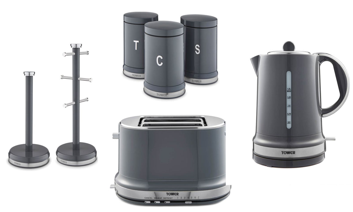 Tower Belle Kettle Toaster Canisters Mug Tree & Towel Pole Set in Graphite Grey