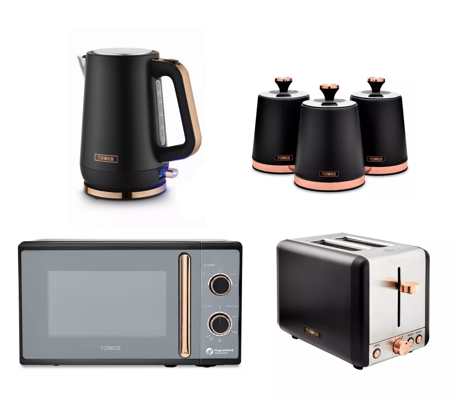 Tower Cavaletto Kettle, 2 Slice Toaster, 3 Canisters & Microwave Black Rose Gold0