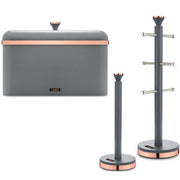 Tower Cavaletto Bread Bin, Mug Tree, Towel Pole Kitchen Set Grey & Rose Gold