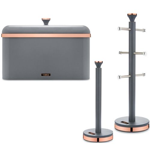 Tower Cavaletto Bread Bin, Mug Tree, Towel Pole Kitchen Set Grey & Rose Gold