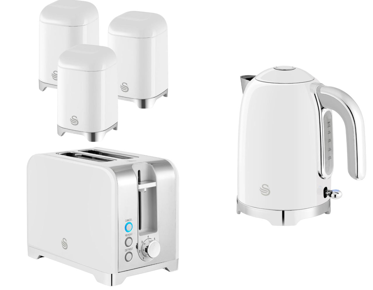 Swan Solace White Kettle Toaster and Canisters Matching Kitchen Set Chtome Trim0