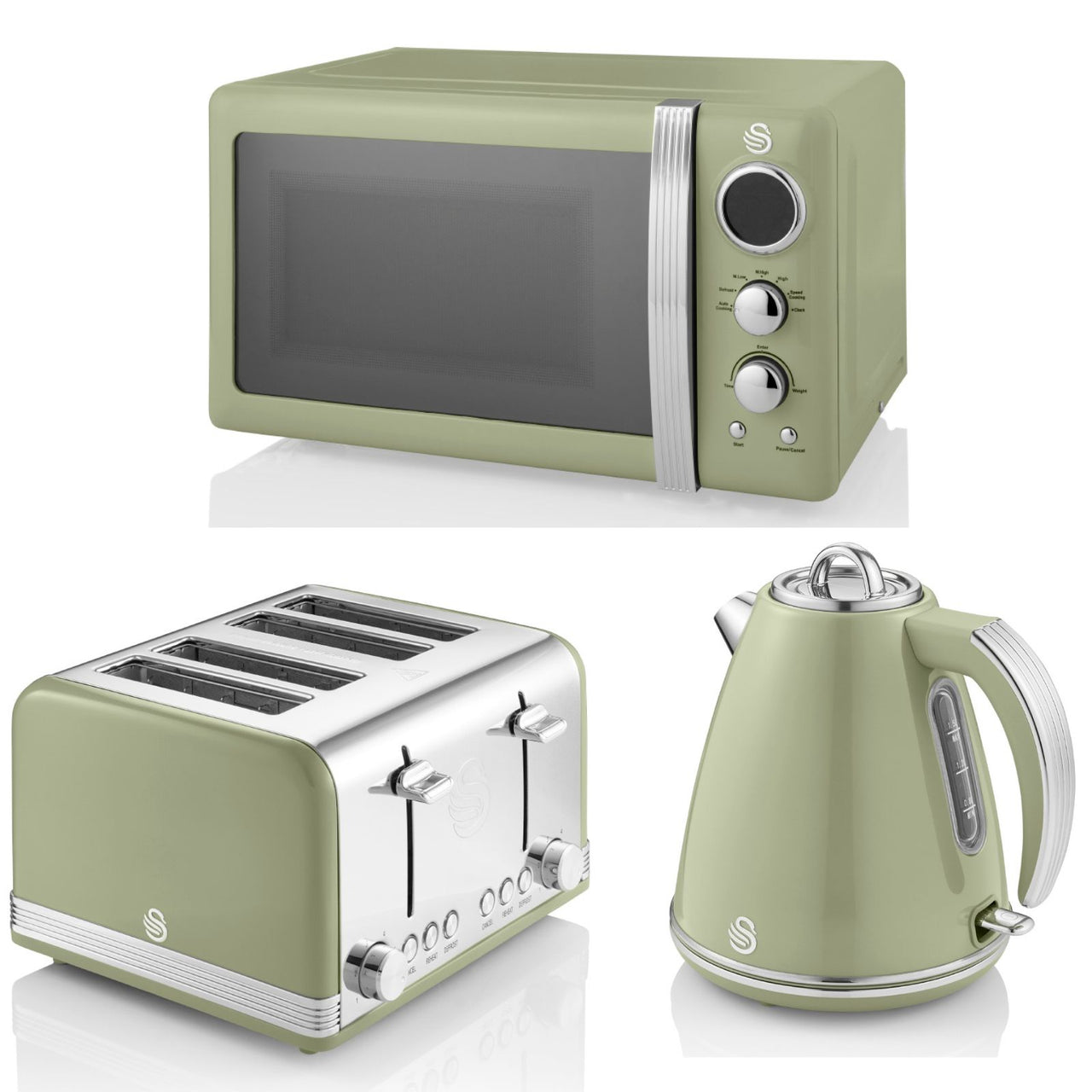 Swan Retro Green 1.5L 3KW Jug Kettle, 4 Slice Toaster & 800W 20L Digital Microwave Matching Set