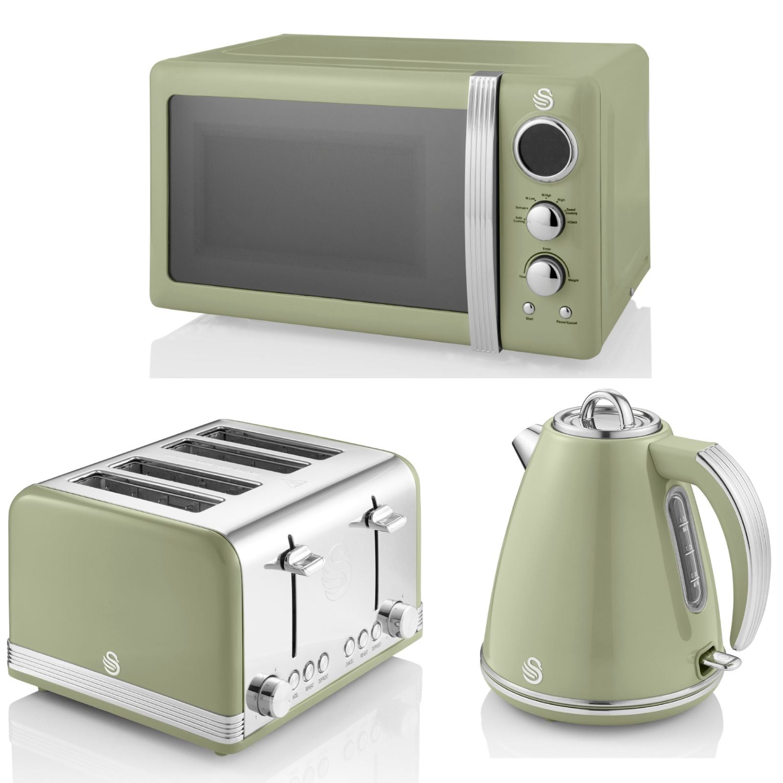 Swan Retro Green 1.5L 3KW Jug Kettle, 4 Slice Toaster & 800W 20L Digital Microwave Matching Set