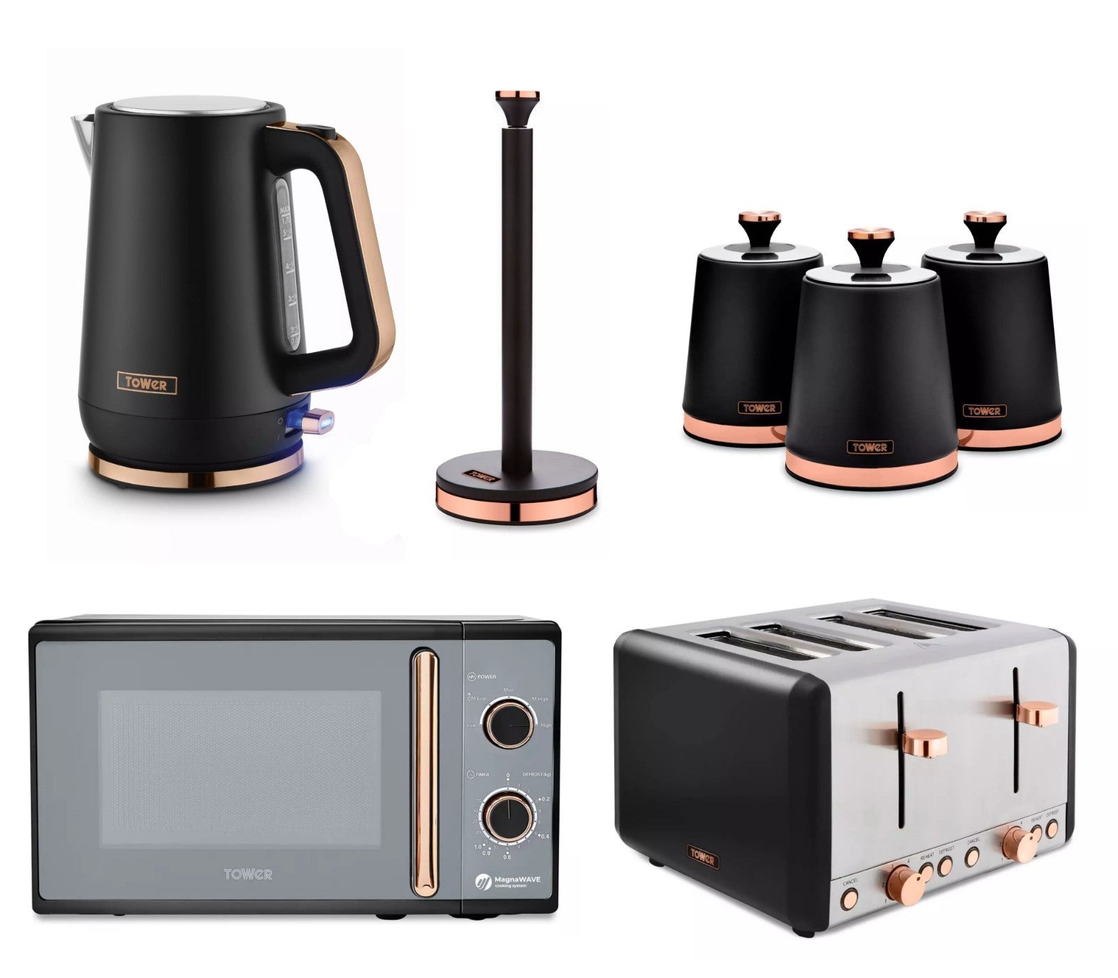 Tower Cavaletto Kettle, 4 Slice Toaster, Canisters, Towel Pole & Microwave Black0