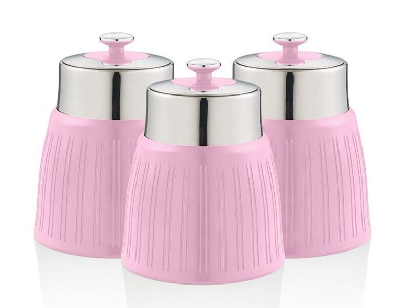 Swan Retro Pink Tea, Coffee & Sugar Canisters New Set of 3 Kitchen Storage Set