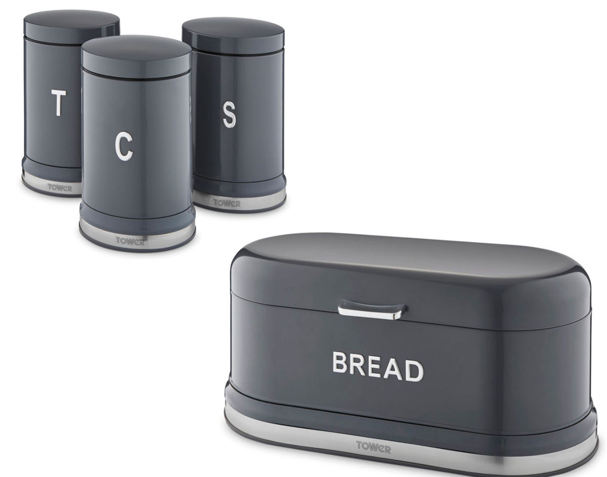 Tower Belle Bread Bin & Tea Coffee Sugar Canisters Kitchen Set in Graphite Grey