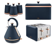Tower Cavaletto 1.7L 3KW Pyramid Kettle, 4 Slice Toaster, Bread Bin & Canisters Matching Set in Midnight Blue & Rose Gold