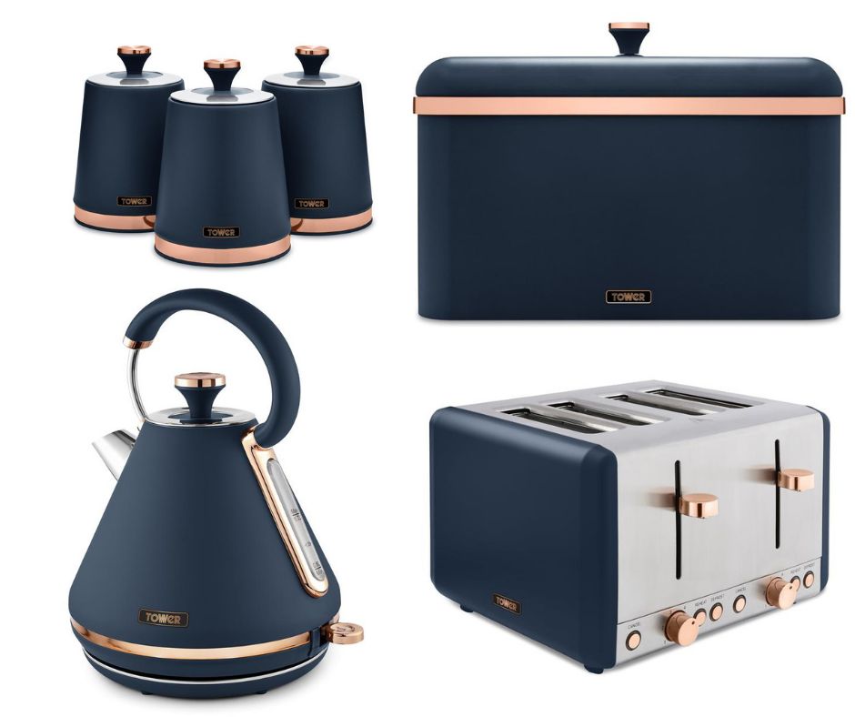 Tower Cavaletto 1.7L 3KW Pyramid Kettle, 4 Slice Toaster, Bread Bin & Canisters Matching Set in Midnight Blue & Rose Gold