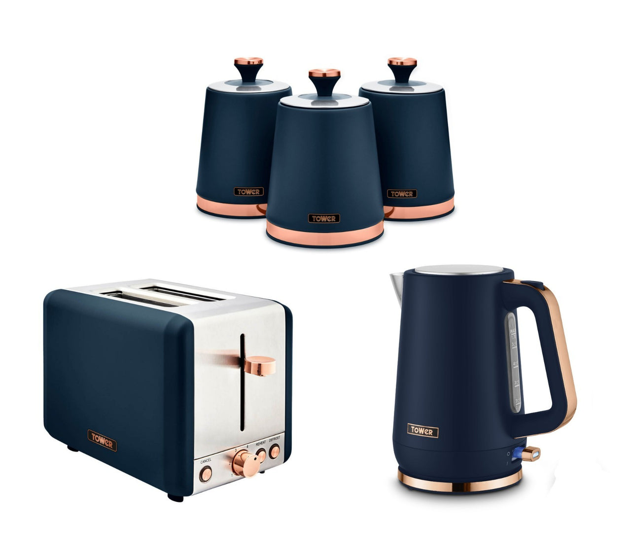 Tower Cavaletto Kettle, 2 Slice Toaster and 3 Canisters Midnight Blue Rose Gold0