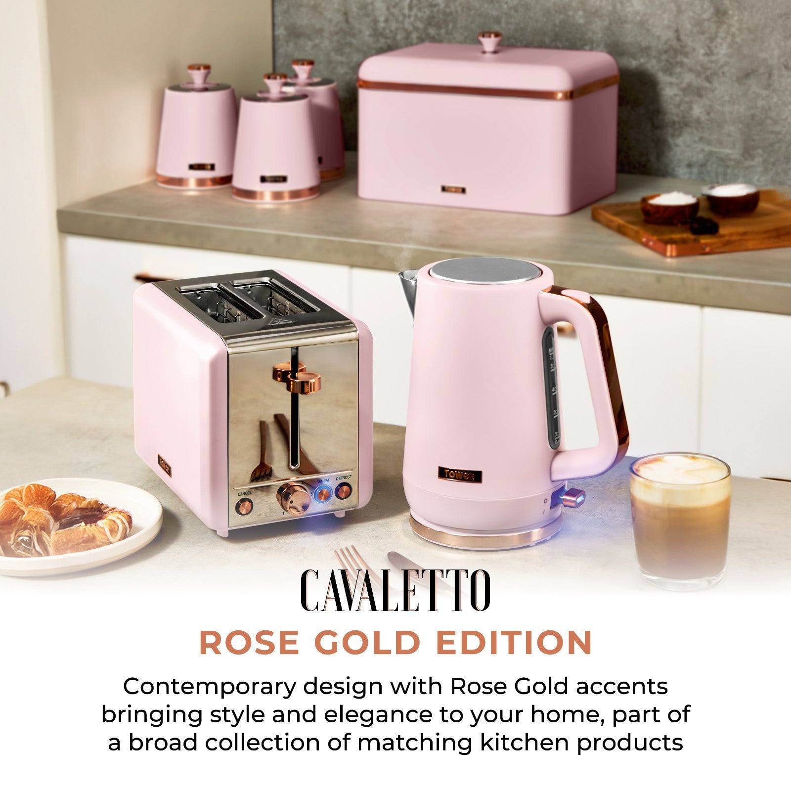 Tower Cavaletto Pink Kettle 2 Slice Toaster Breadbin Canisters Kitchen Set12