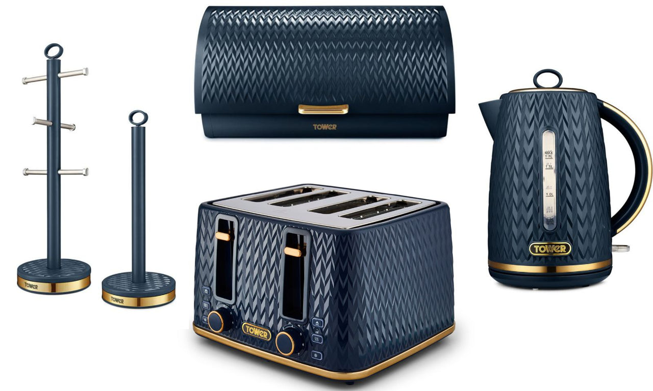 Tower Empire Blue Jug Kettle 4 Slice Toaster Bread Bin Mug Tree & Towel Pole Set of 5