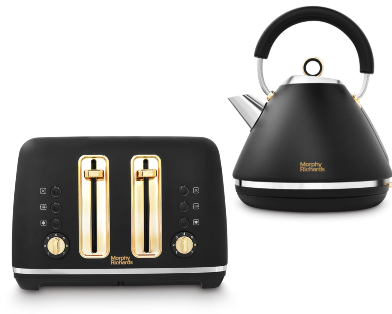 Morphy Richards Accents Black & Gold 1.5L 3KW Pyramid Kettle & 4 Slice Toaster. Classic Design Kettle & Toaster Matching Set with Modern Features
