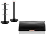 Tower Linear Breadbin, Mug Tree & Towel Pole Kitchen Storage Set Black & Rose Gold