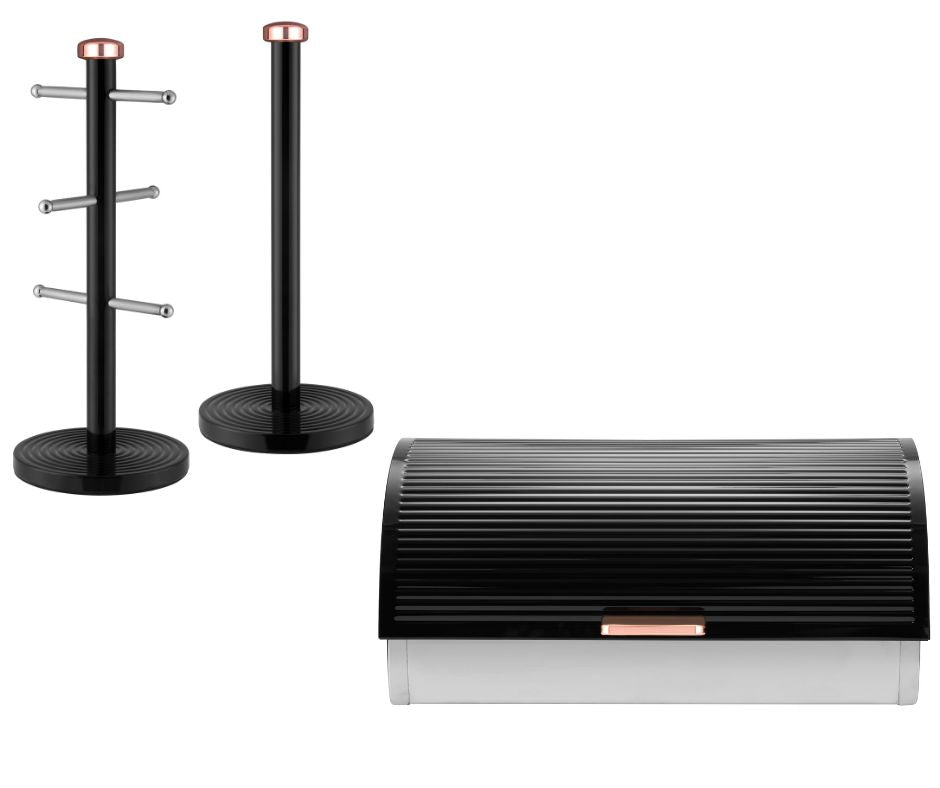 Tower Linear Breadbin, Mug Tree & Towel Pole Kitchen Storage Set Black & Rose Gold