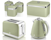 SWAN Retro Green Jug Kettle, 2 Slice Toaster, Bread Bin & Canisters Matching Kitchen Set
