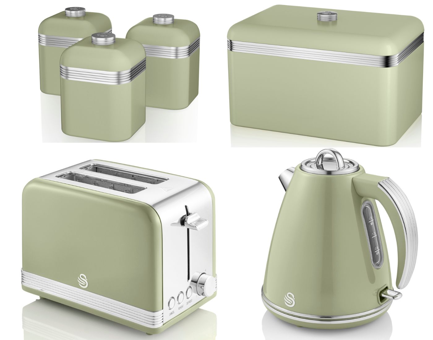 SWAN Retro Green Jug Kettle, 2 Slice Toaster, Bread Bin & Canisters Matching Kitchen Set