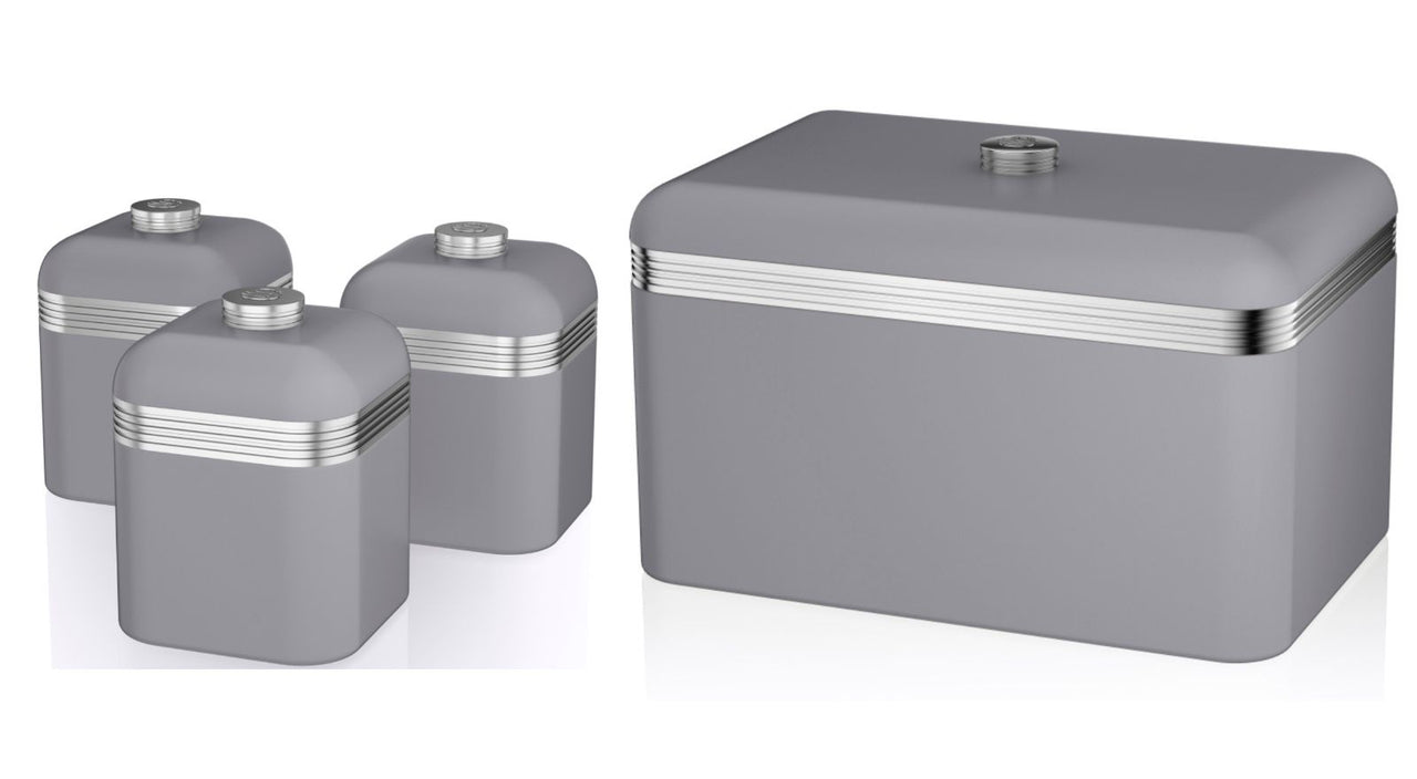 SWAN Retro Grey Breadbin Canisters Matching Kitchen Storage Set