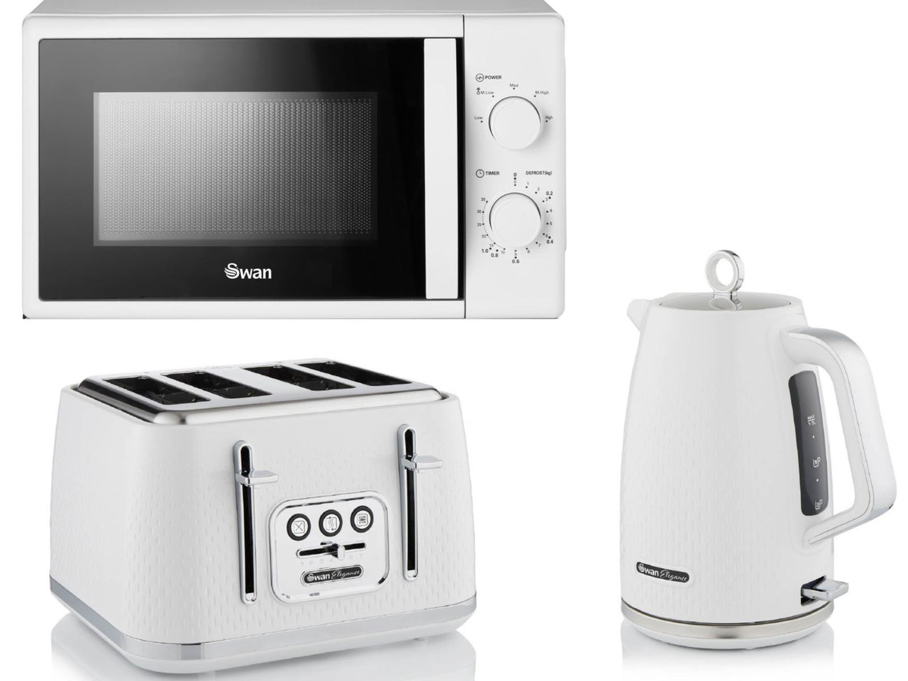 Swan Elegance White 1.7L 3KW Kettle, 4 Slice Toaster & 700W 20L Manual Microwave Matching Set