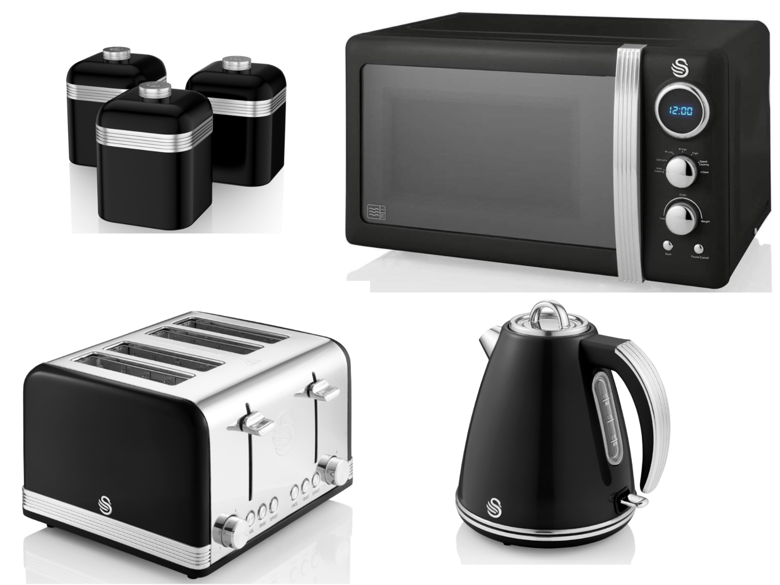 Swan Retro Black Kettle 4 Slice Toaster Microwave & Canisters Kitchen Set of 60