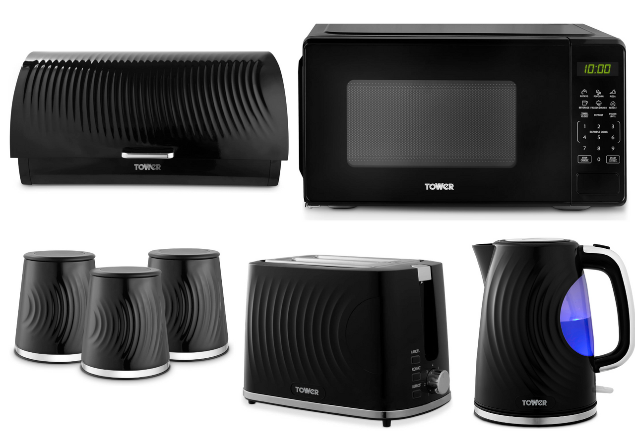 Tower Sonar Black Kettle Toaster Microwave Bread Bin Canisters Kitchen Set0