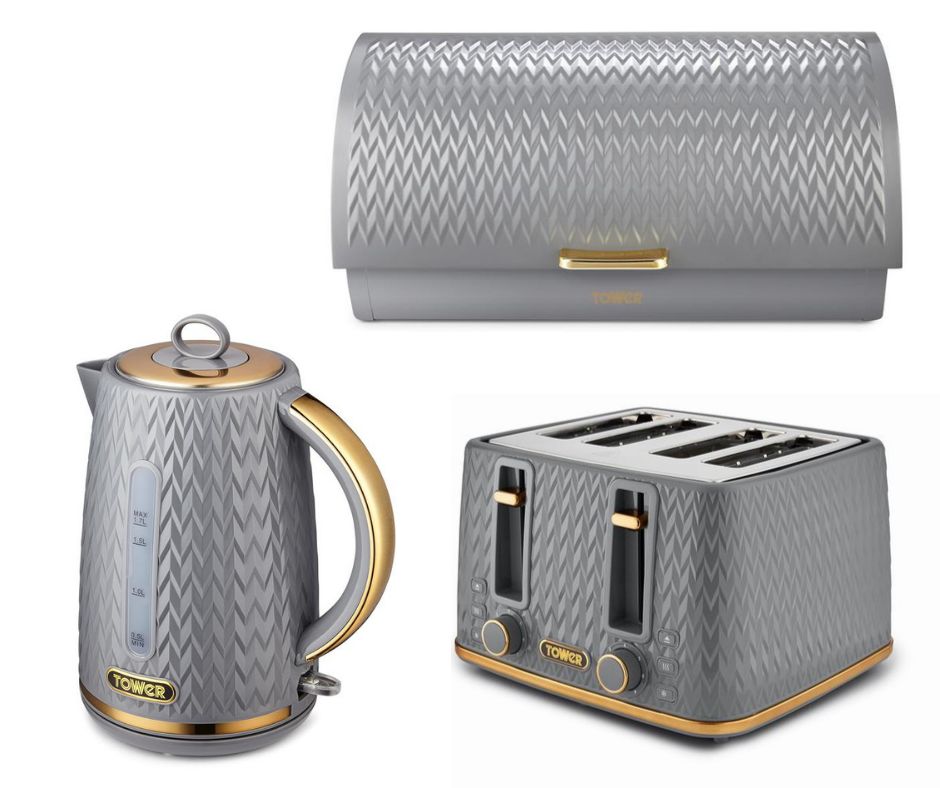 TOWER Empire Grey 1.7L 3KW Jug Kettle, 4 Slice Toaster & Bread Bin Matching Kitchen Set in Grey