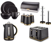 TOWER Empire Kettle Toaster Canisters Bread Bin Mug Tree Towel Pole & 16 Piece Dinner Set in Black with Brass Accents
