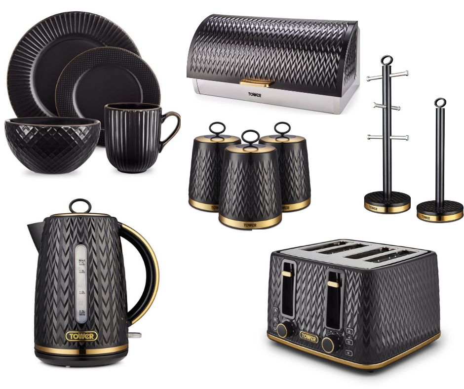 TOWER Empire Kettle Toaster Canisters Bread Bin Mug Tree Towel Pole & 16 Piece Dinner Set in Black with Brass Accents