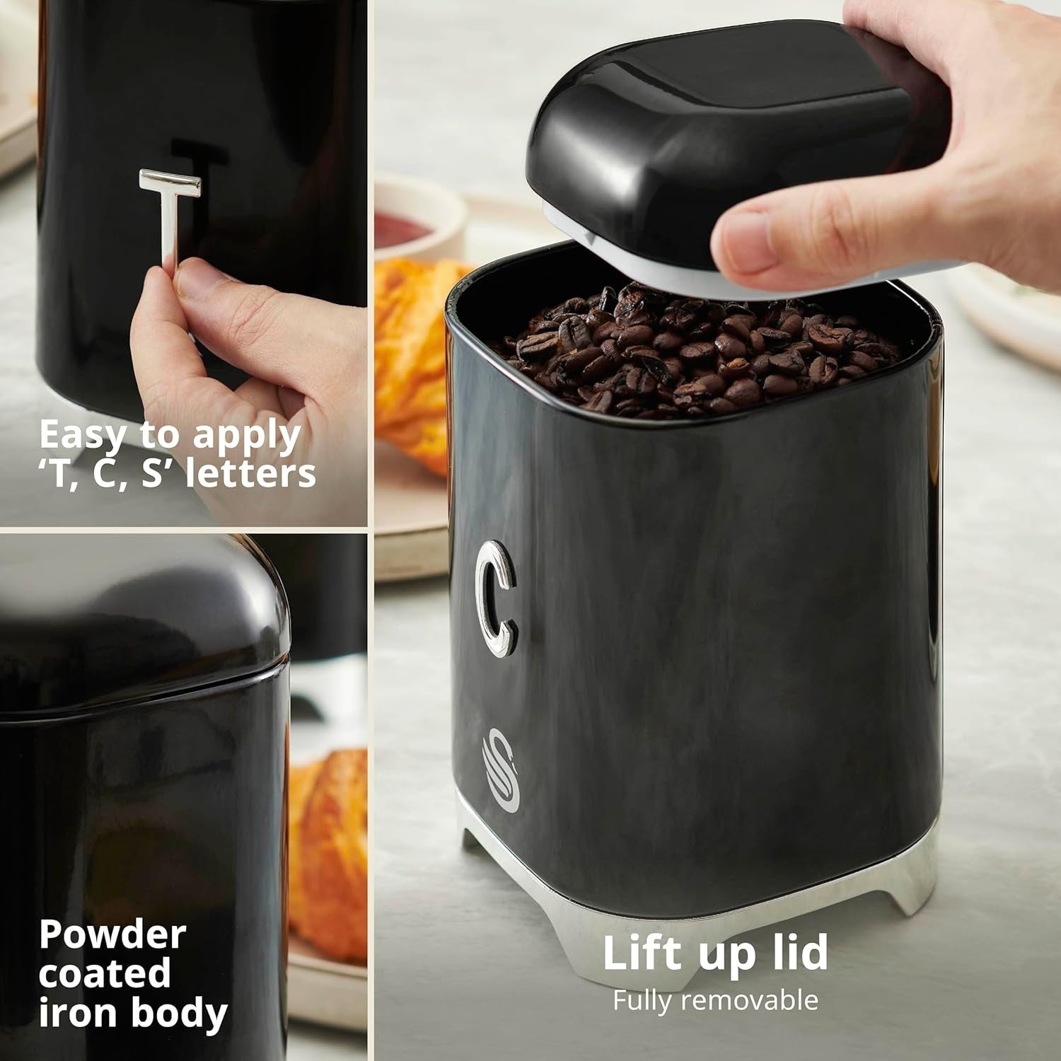 Swan Solace Kettle Toaster Storage Canisters Kitchen Set Black with Chrome Trim6