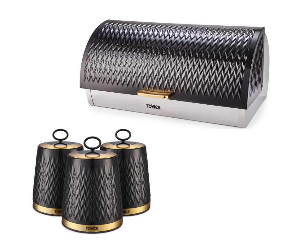 Tower Empire Bread Bin & Canister Art Deco Style Set Black & Brass Kitchen Storage