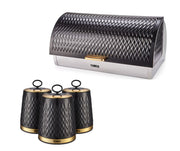 Tower Empire Bread Bin & Canister Art Deco Style Set Black & Brass Kitchen Storage