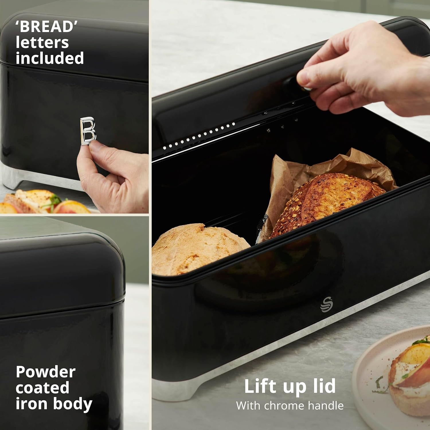 Swan Solace Black Breadbin Canisters Kitchen Roll Holder Storage Set Chrome Trim10