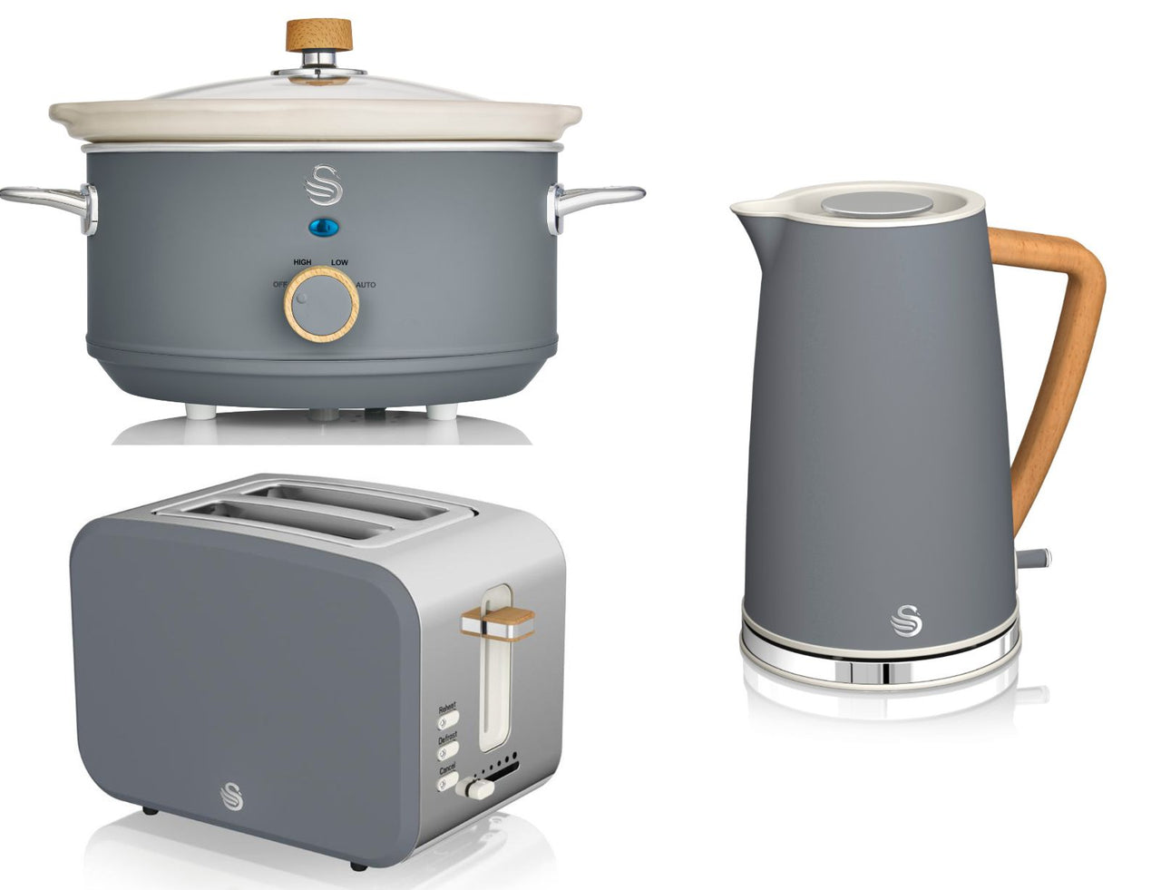 Swan Nordic Grey Kettle 2 Slice Toaster 3.5L Slow Cooker Matching Kitchen Set