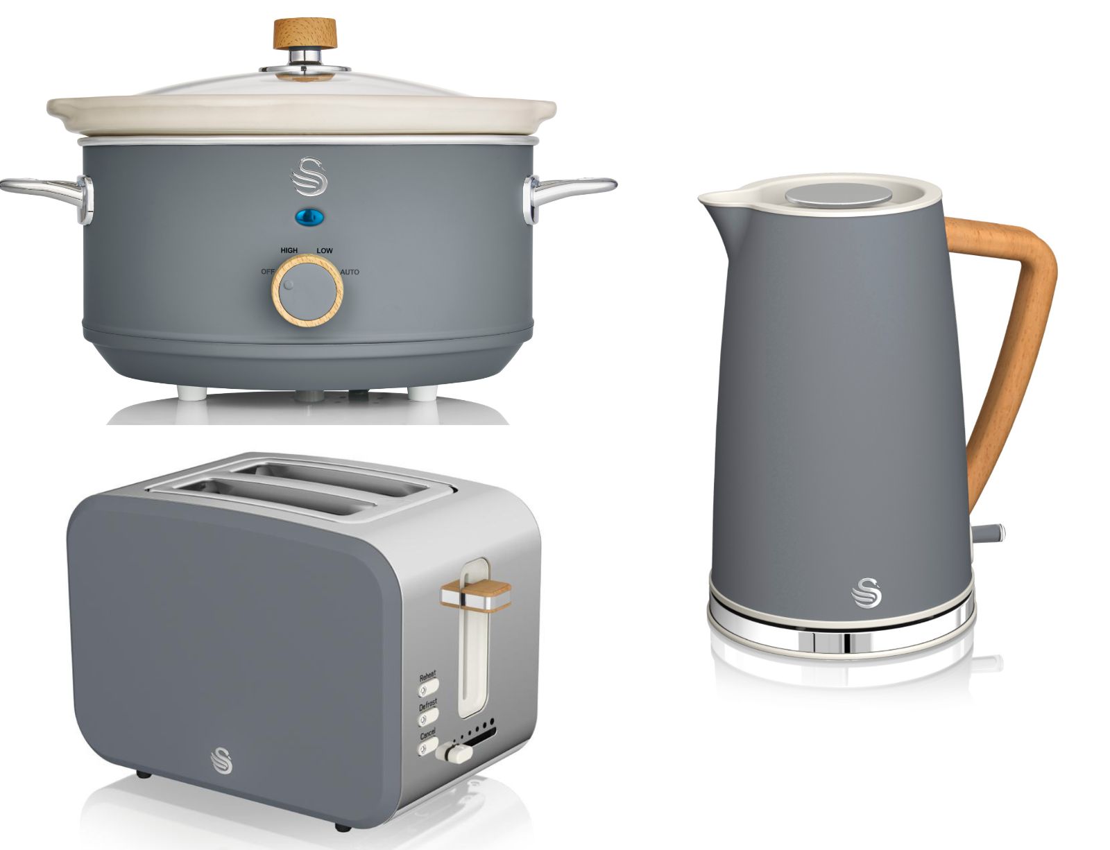 Swan Nordic Grey Kettle 2 Slice Toaster 3.5L Slow Cooker Matching Kitchen Set