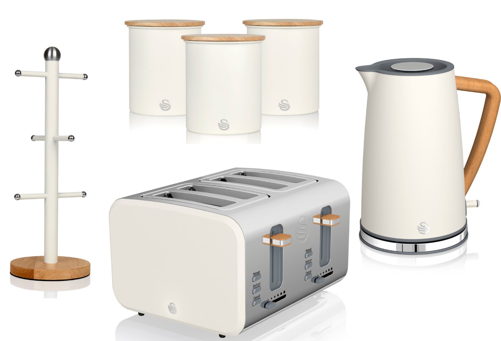 Swan Nordic Kettle 4 Slice Toaster 3 Canisters Mug Tree White Kitchen Set of 6